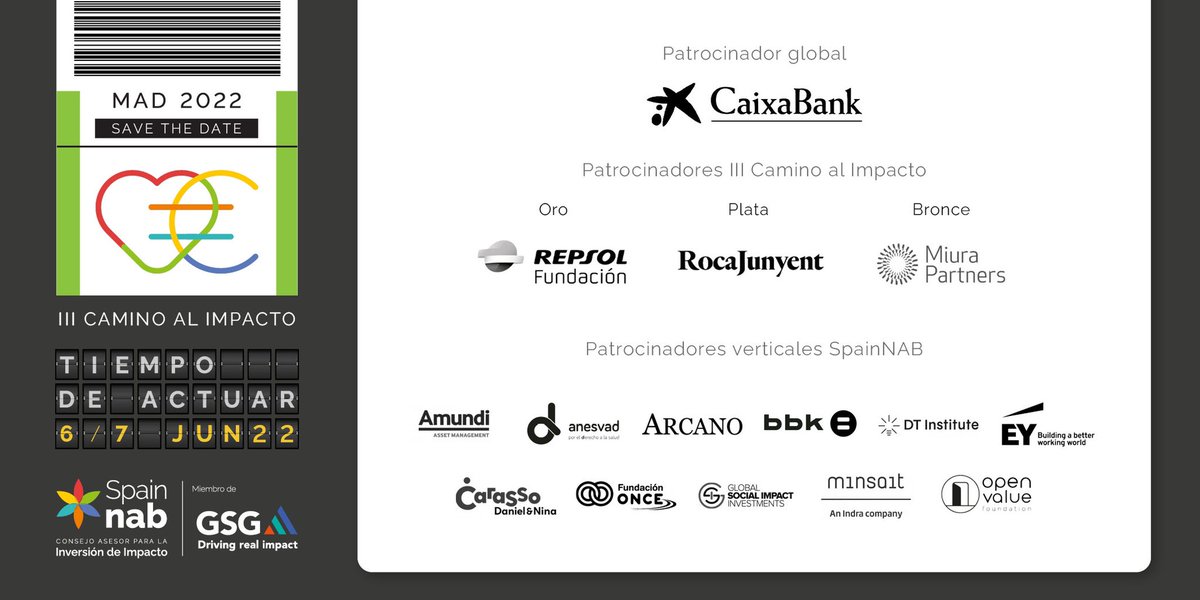 SpainNAB's tweet photo. Muchas gracias a los patrocinadores que han hecho posible el III #CaminoalImpacto para seguir impulsando la #InversióndeImpacto en nuestro país. A @caixabank como patrocinador global. A @FundacionRepsol @Roca_Junyent y #MiuraPartner ya los patrocinadores verticales de #SpainNAB https://t.co/nrPfXv1OPB