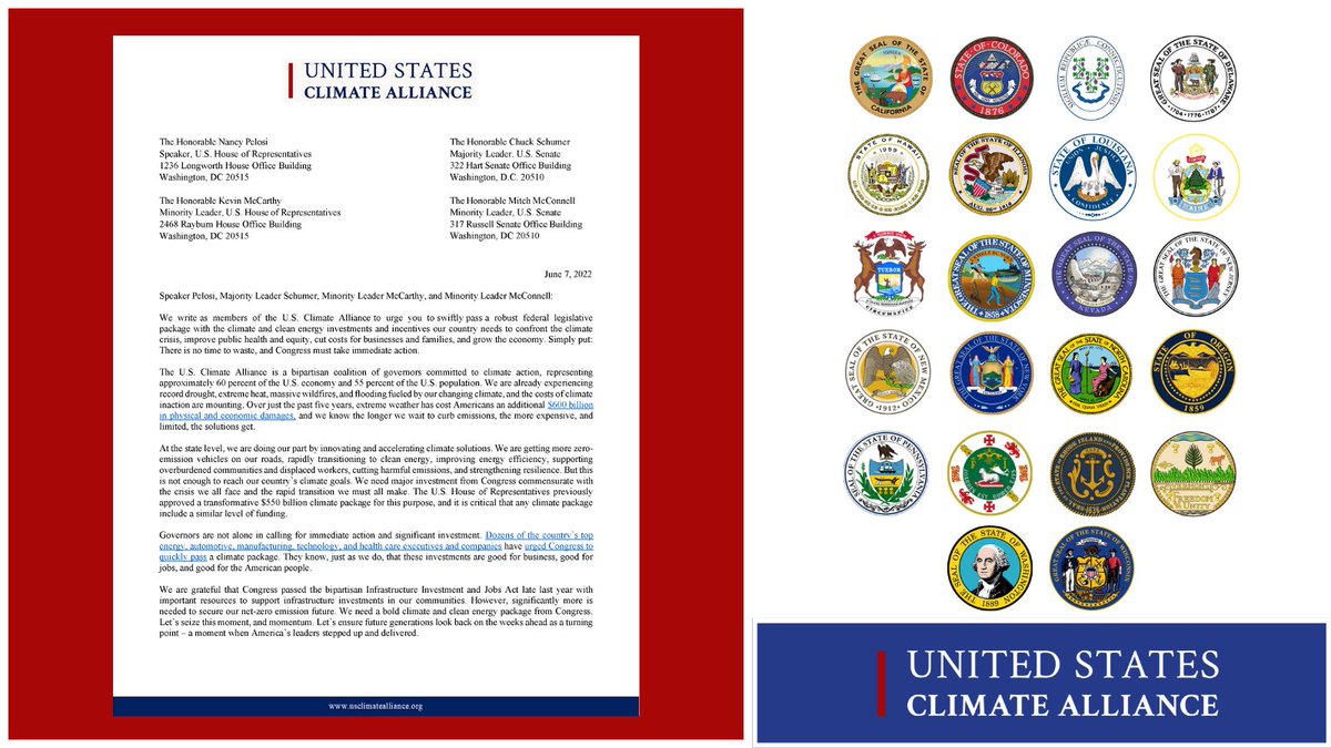 USClimate's tweet photo. The Alliance’s governors have a simple message for Congress:  

Pass a robust legislative package with the climate &amp; clean energy investments &amp; incentives our country needs to confront the climate crisis. 

There is no time to waste. 

➡️ https://t.co/RwR8SGt5Lr https://t.co/qkNNtnOZ0T
