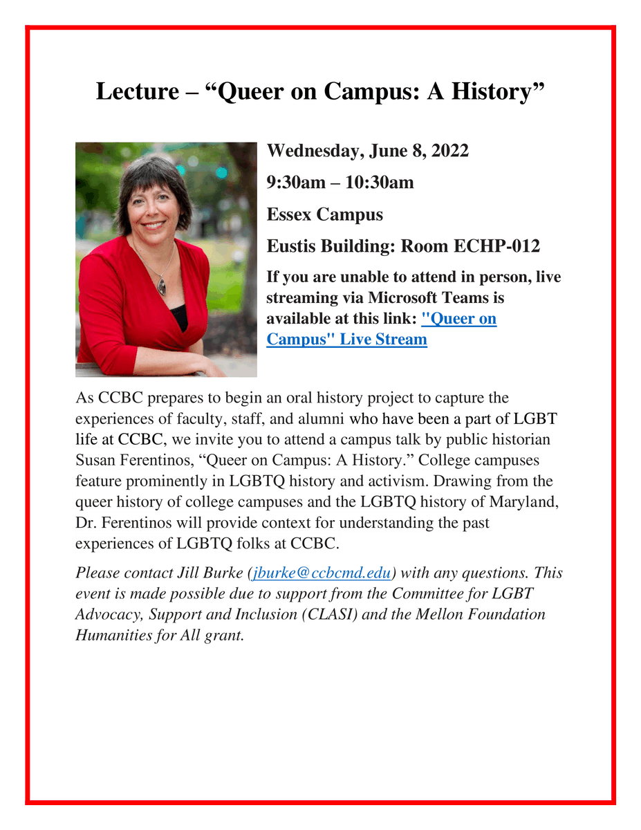 CCBCLibrary's tweet image. Happy LGBTQ+ Pride Month from the CCBC Libraries! Join us tomorrow at 9:30AM on the Essex campus to learn more about the LGBTQ+ history of Maryland and college campuses.