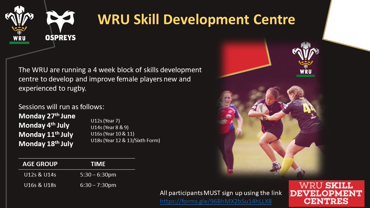 @WelshRugbyUnion GIRLS SKILL DEVELOPMENT CENTRE IS BACK🥳🤩 Open to all girls in the @ospreys region between U12s - U18s starting on Monday 27th June at @LlandarcySport All girls MUST sign up here forms.gle/96BhMX2bSu14hL…
