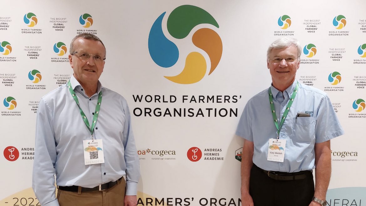 IFAmedia's tweet photo. IFA President Tim Cullinan is attending the World Farmers’ Organisation  General Assembly in Budapest today. He is pictured here with Gary Wertish, President of the Minnesota Farmers’ Union. https://t.co/zN0QOnwfBd