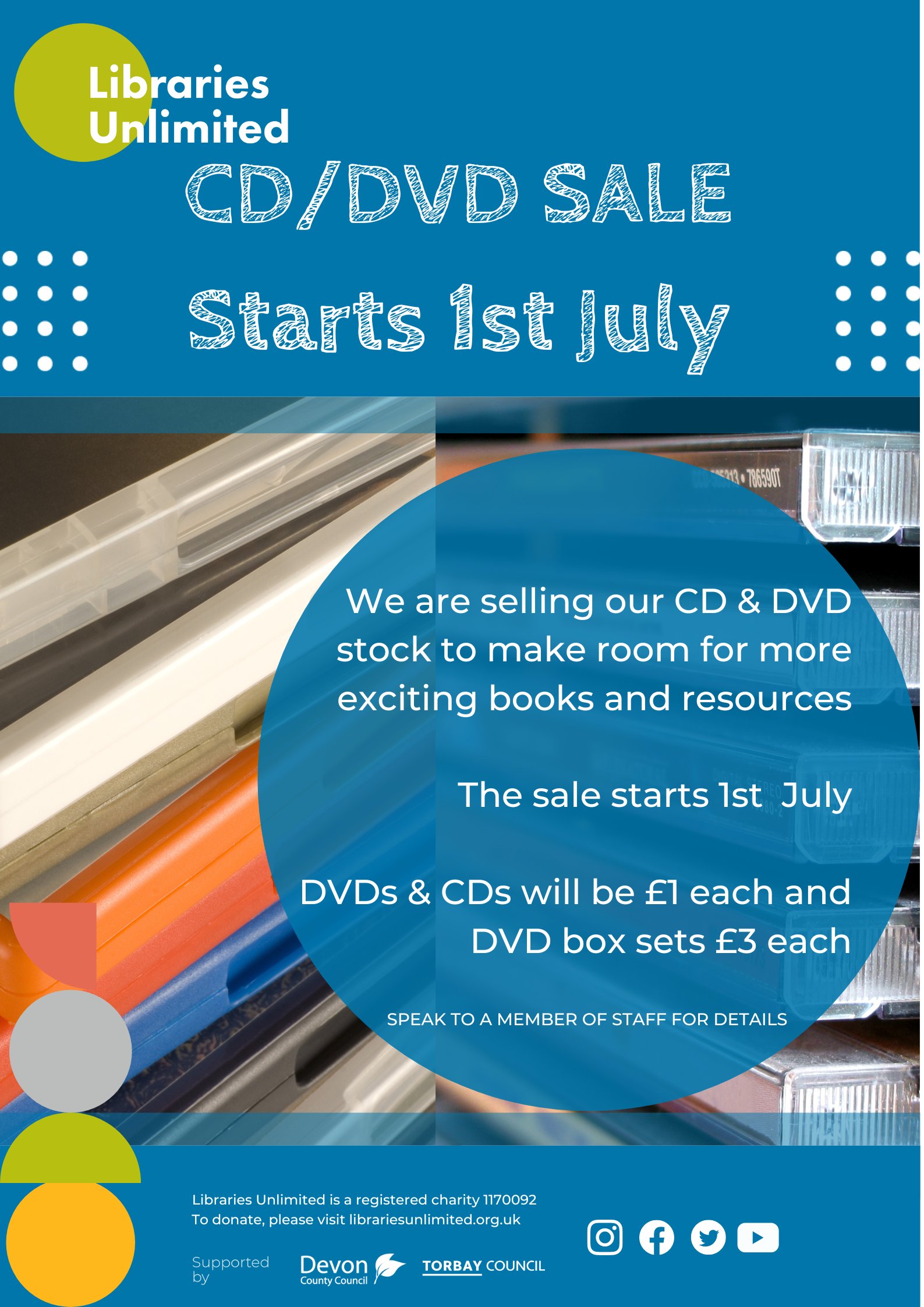 CDs and DVDs are being withdrawn by Libraries Unlimited. From Friday 1st July, our stock at Exeter Library will be available to purchase.