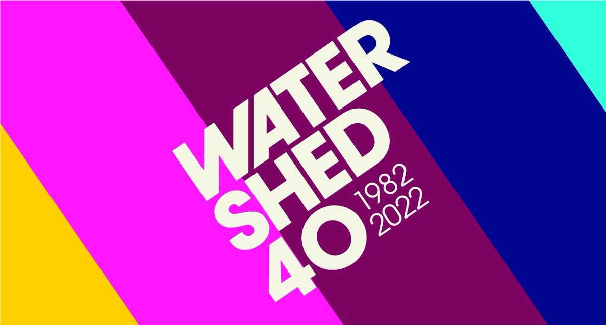 Watershed 40 - 1982 - 2022 on a striped background. The colours are yellow, pink, purple, blue and turquoise.