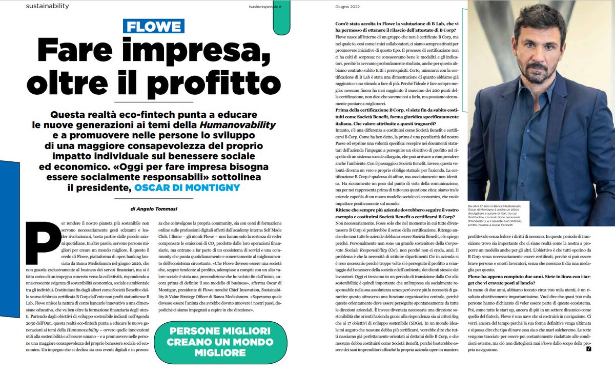 OscardiMontigny's tweet photo. In 2 anni #Flowe è diventata la #SocietàBenefit certificata @BCorpEurope tra le capofila di un nuovo modello sociale ed economico che vuole impattare positivamente sul mondo. Grato a tutti i 700mila #FloMe che hanno scelto di entrare a far parte di questo meraviglioso ecosistema! https://t.co/HGVzB46P17