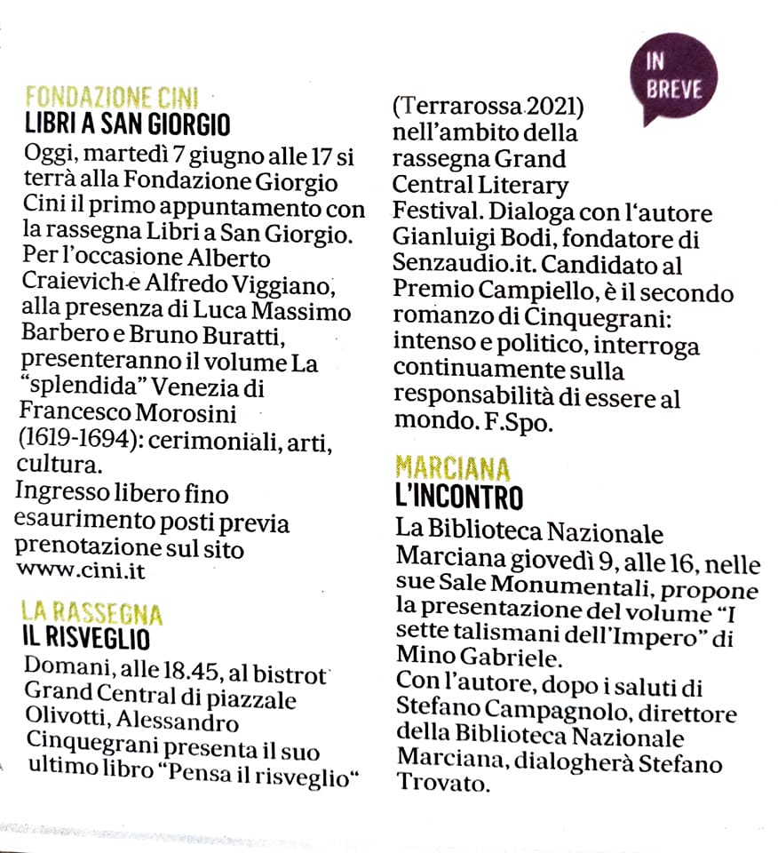 Il Gazzettino ricorda la presentazione di domani 8 giugno alle 18.45 al Gran Central di Mestre