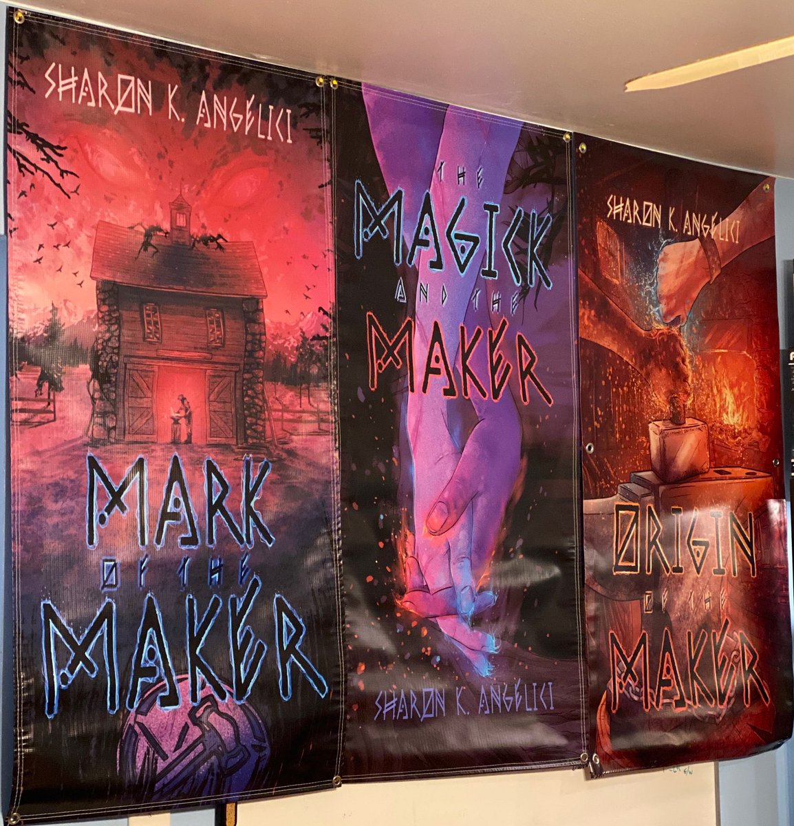 edgyartist's tweet photo. My series at a glance. Stunning vinyl signs by @eSigns gearing up for summer festivals. #tuesdayvibe #indieauthor #writerslift #makerseries https://t.co/0rDbetkSok