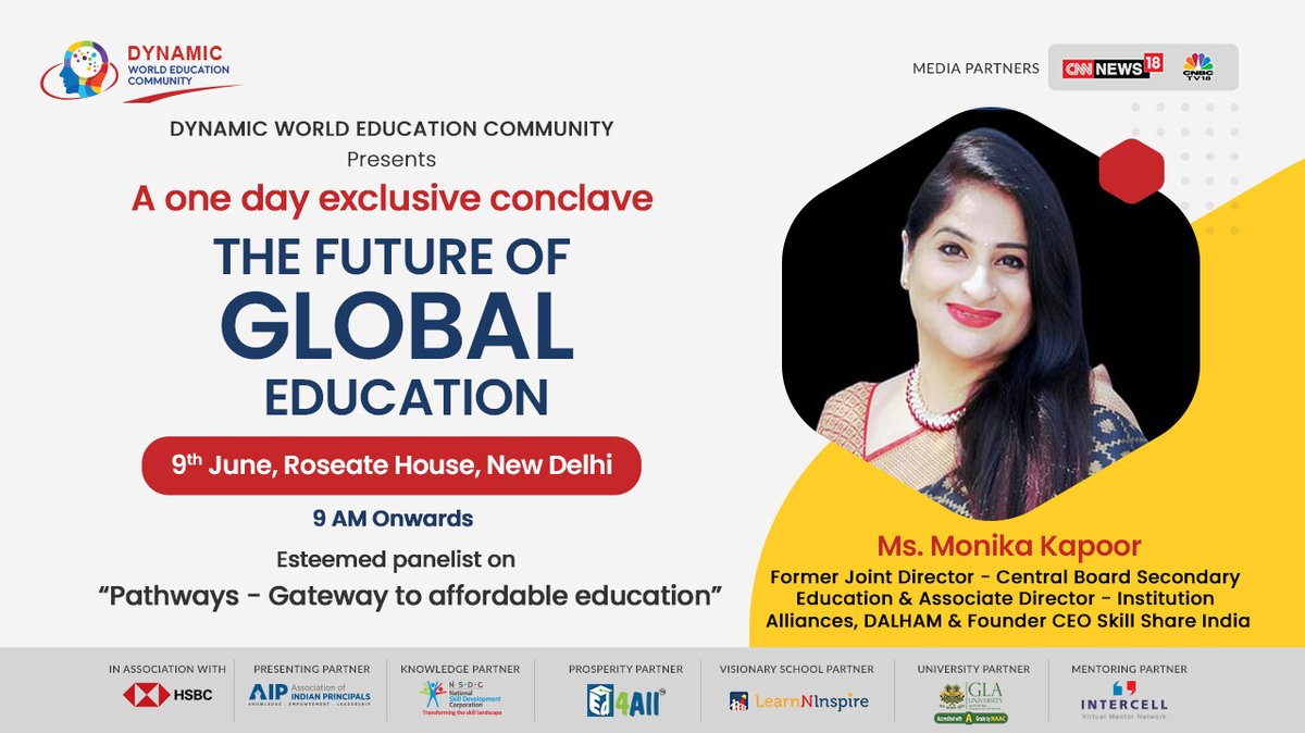 DynamicWEC's tweet photo. Thank You, Ms. Monika Kapoor, Former joint director, Central Board of Secondary Education to join #thefutureofglobaleducation
#dwec #globaleducation
@NSDCINDIA @hsbc @aiprincipals @learnninspire @glauniv @bleap_ed4all @intercellworld 
@CNBCTV18News @CNNnews18 https://t.co/rXYFUUEj25