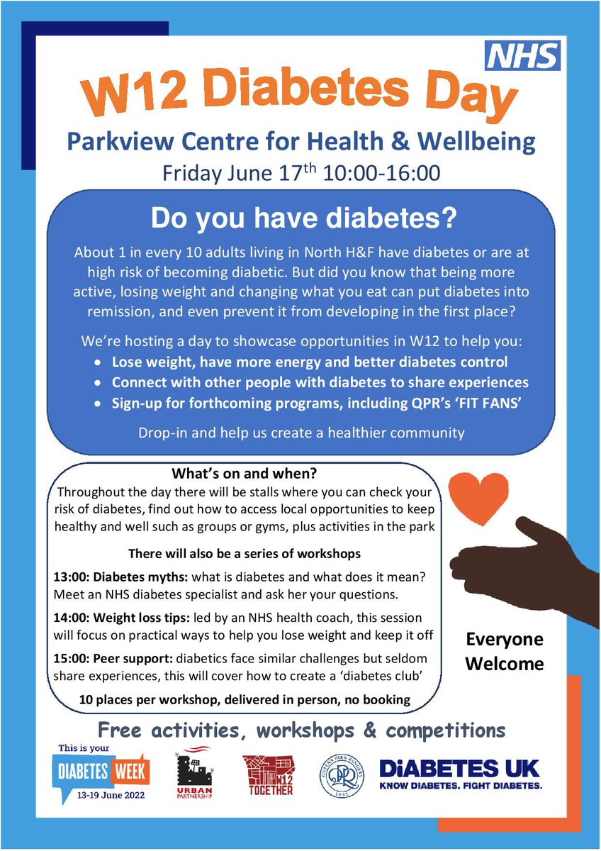 🧡 𝗪𝟭𝟮 𝗗𝗶𝗮𝗯𝗲𝘁𝗲𝘀 𝗗𝗮𝘆 

Join us for a day of free activities, workshops and competitions: 
📍Parkview Centre for Health &amp; Wellbeing, W12 7FG
📆 Friday June 17th 
⏰ 10:00am - 16:00pm 
💰 FREE

#QPR | <a href="/DiabetesUK/">Diabetes UK</a>