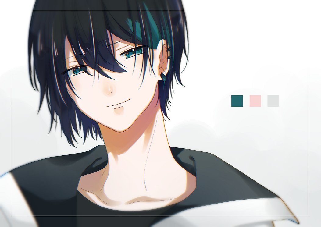 1boy male focus solo black hair streaked hair smile jacket  illustration images