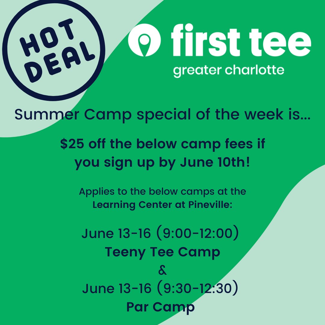 FirstTeeGC's tweet image. We are so excited to offer a Summer Camp Special! We are offering $25 off camp fees at our Learning Center at Pineville for our Teeny Tees Camp and Par Camp. You must register by June 10th to receive the discount. View our website firstteeggreatercharlotte.org to register today!