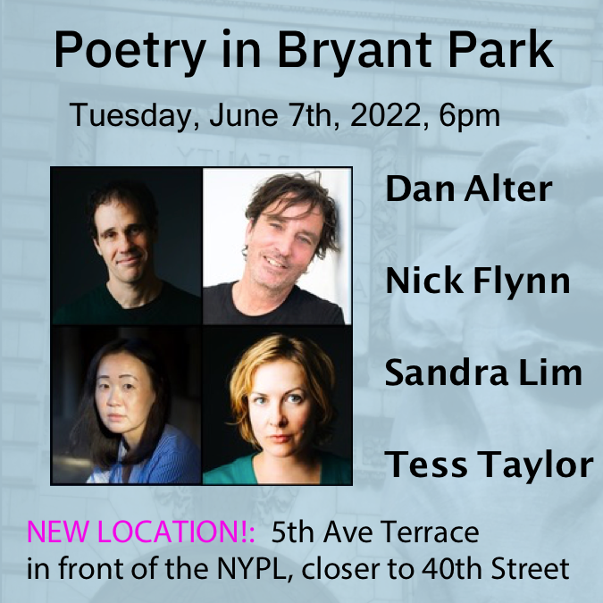 Tessathon's tweet photo. New York Friends--
I am reading with @_nick_flynn_ @arlozorof #SandraLim today at 6pm!
Slight shift to the nearby 5th Ave Terrace in front of the @nypl closer to 40th St.
Come hear some poems-- I am excited to see you!
Summer schedule!: https://t.co/KkNFBR8o7w https://t.co/G1mazlmTQt