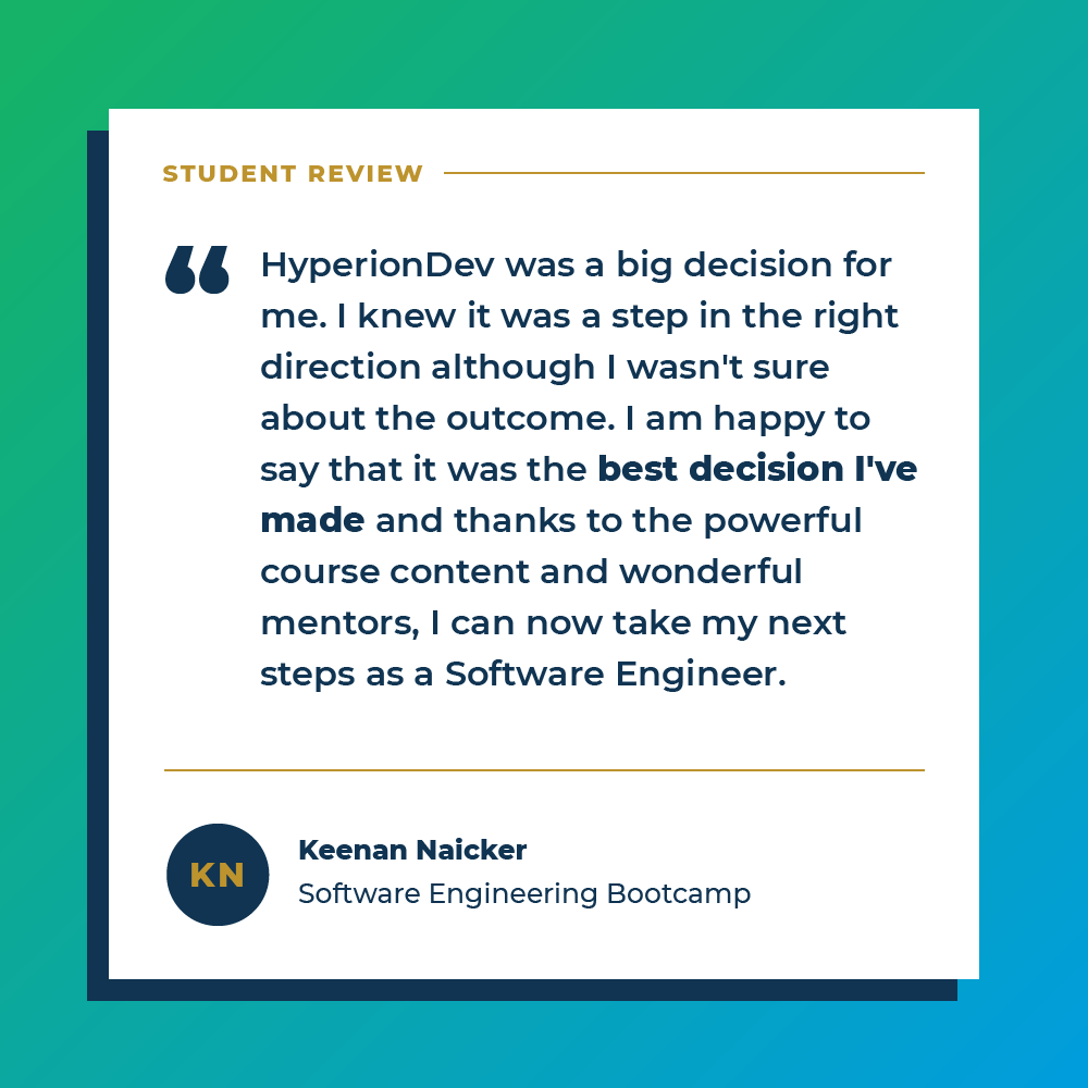 HypDev's tweet photo. At HyperionDev, it is all about the next steps. Your career outcomes π
Keenan went from Student to Software Engineer thanks to our Software Engineering Bootcamp. #CodeDidThis
Just imagine what you could do with code. It all starts with one click: https://t.co/Ky5WPzYtu1 https://t.co/OqywwExbbh
