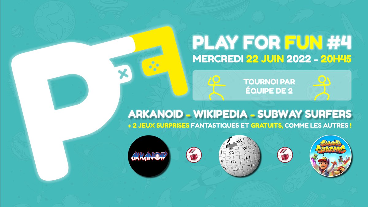 Le PLAY FOR FUN revient pour sa 4ème édition ! Des équipes de 2 s'affronteront le mercredi 22/06 sur #Arkanoid, <a href="/Wikipedia_fr/">Wikipédia en français</a> et <a href="/subwaysurfers/">Subway Surfers</a> pour reprendre le titre honorifique de "Pff..."
Informations et inscriptions sur discord : discord.gg/hTYq48Wj