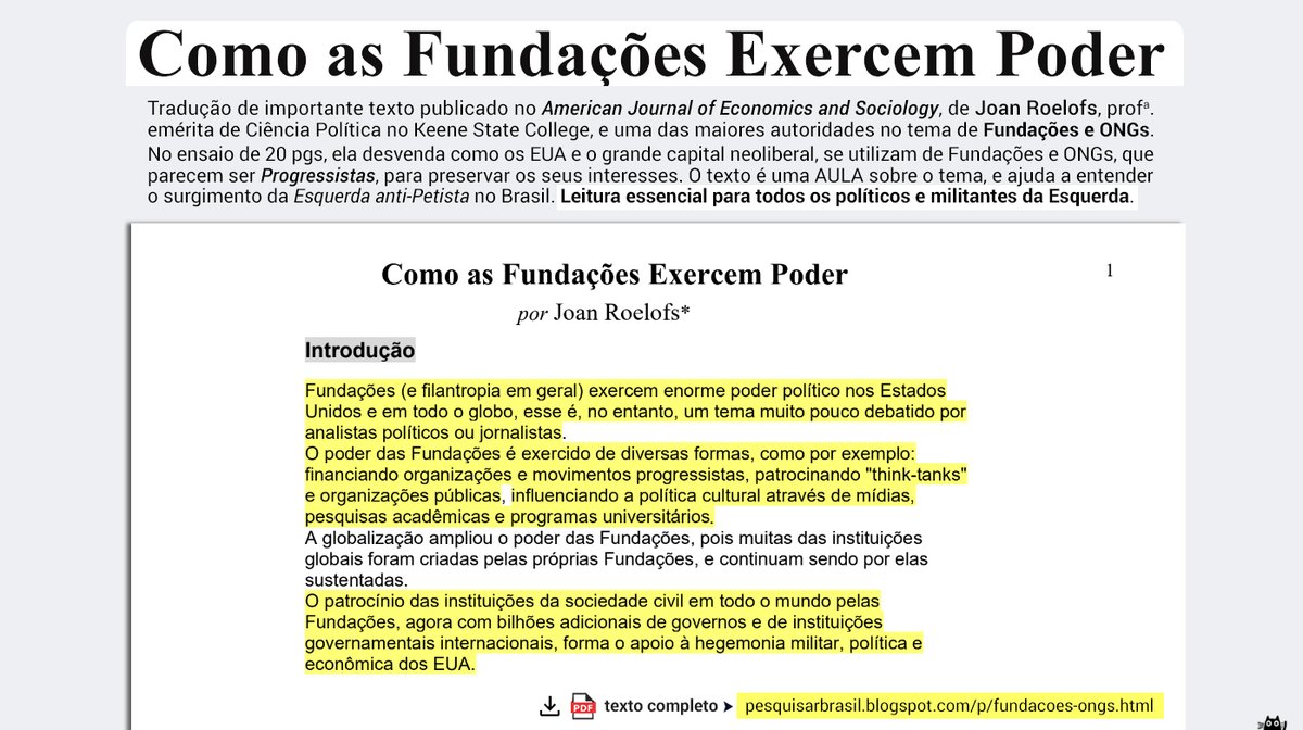 GringaBrazilien's tweet photo. Importante❗️
Texto da acadêmica Joan Roelofs explica como as Fundações &amp; ONGs 'progressistas' operam p/proteger os interesses dos EUA e do gd capital.
Leitura ESSENCIAL p/todos os Políticos e Militantes da Esquerda, traduzi p/vcs ► https://t.co/riCxu2OPuh https://t.co/DtJLAR9H5p