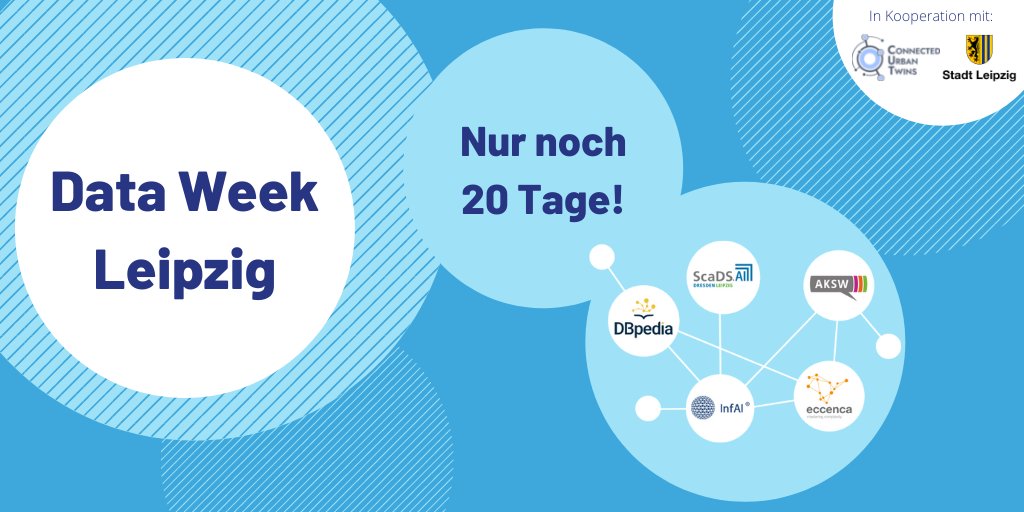Der Countdown läuft - noch genau 20 Tage bis zur Eröffnung der #DataWeekLeipzig. Wir freuen uns gemeinsam mit Ihnen auf viele spannende Vorträge, Diskussionen und Gespräche. Bis zum 04.07. in unserem #Lieblingsleipzig! dataweek.de
