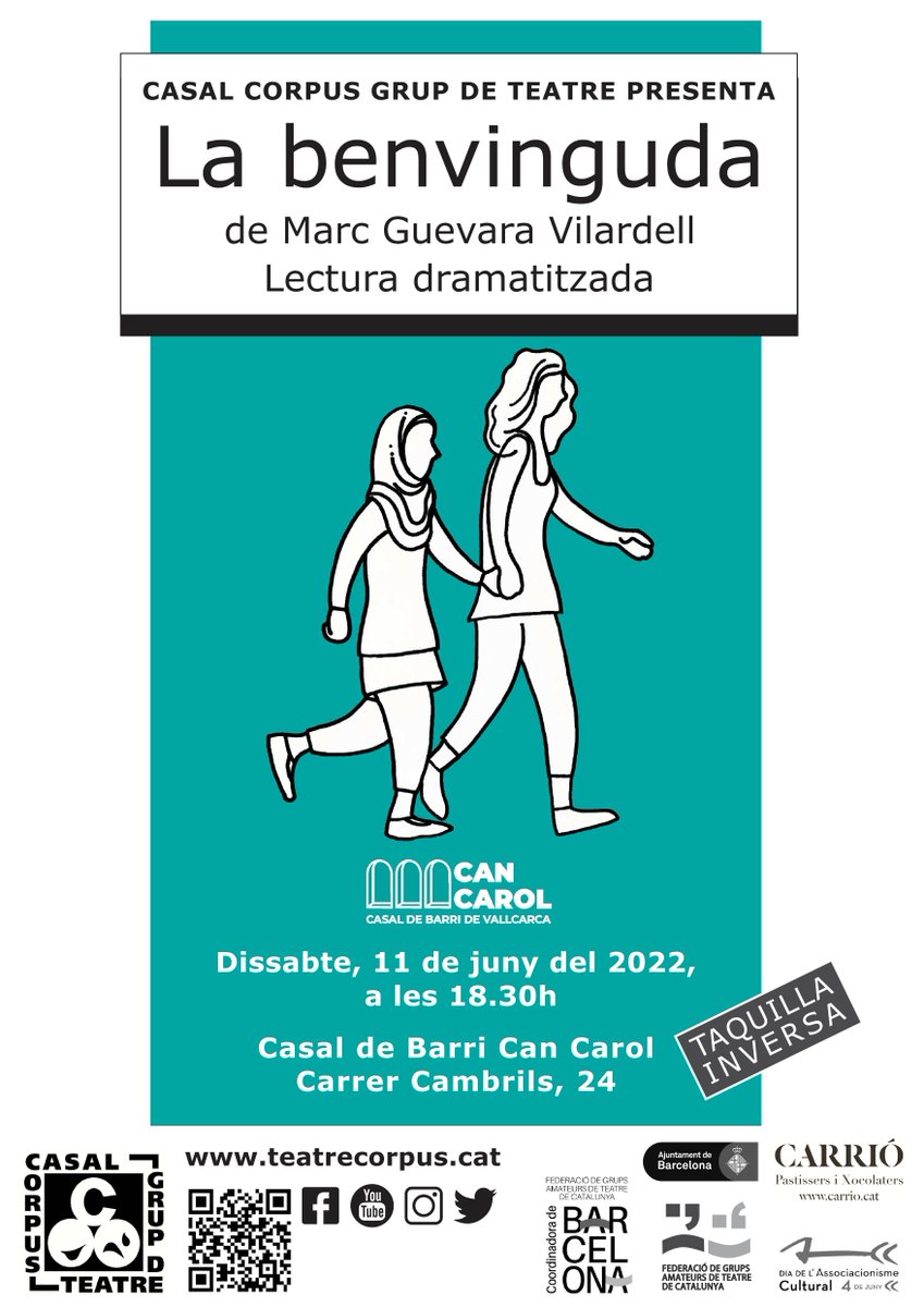 teatrecorpus's tweet photo. 🎭Aquesta setmana us presentem l'última activitat de la temporada: la lectura dramatitzada de "La benvinguda", de Marc Guevara Vilardell
🗓️ Dissabte, 11 de juny
⌚️ 18.30 h
📍 @CBCanCarol
Inclòs en els actes del Dia de l'Associacionisme Cultural #DASC2022
#teatreamateur #joproposo https://t.co/59AWRkRH1U