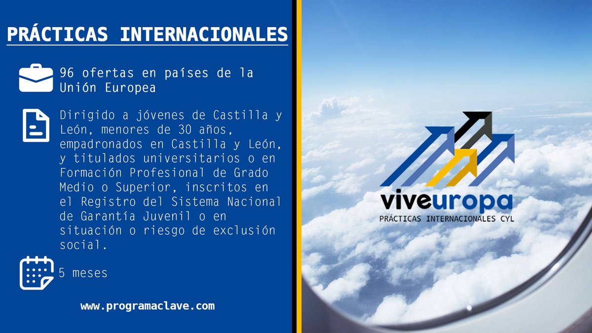 fgusal's tweet photo. #PRÁCTICAS | ¿Estás pensando en comenzar tu vida laboral fuera de España? El proyecto #Viveuropa te ofrece la oportunidad de realizar prácticas remuneradas en el extranjero.
👏✈️ Entra en #ProgramaClave y consulta los destinos disponibles ➡️ https://t.co/uKa7l69iQH https://t.co/Jgb52ImZlN