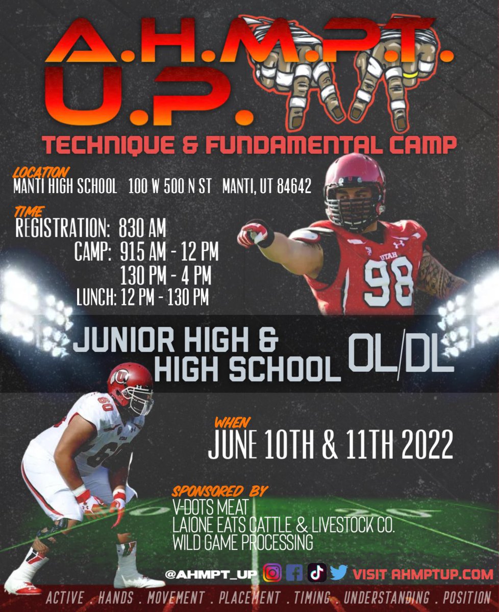 AHMPT_UP's tweet photo. ⚠️SHARE THIS⚠️
.

⚠️Free Camp⚠️
.
.
This will be our BIG summer padded camp for offensive &amp; defensive Lineman held @ Manti Highschool❗️ 

.
NFL trainers and guest speakers ready to teach your kids
.
.
Lunch will be provided as well as an AHMPTUP Shirt‼️ 
.
All ages welcome 

# https://t.co/5TeWbhBv71