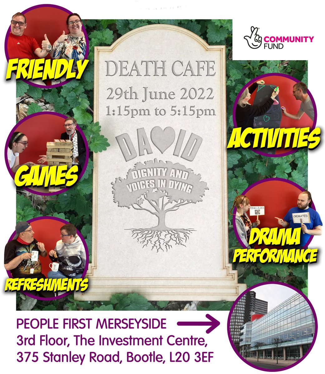Hi #seftonhour
We'd like to invite you to our Death Cafe on 29th June.
This is an opportunity for People with Learning Disabilities, their family and carers to enjoy a range of activities, a cuppa and cake in a welcoming environment, where you're encouraged to talk about death.