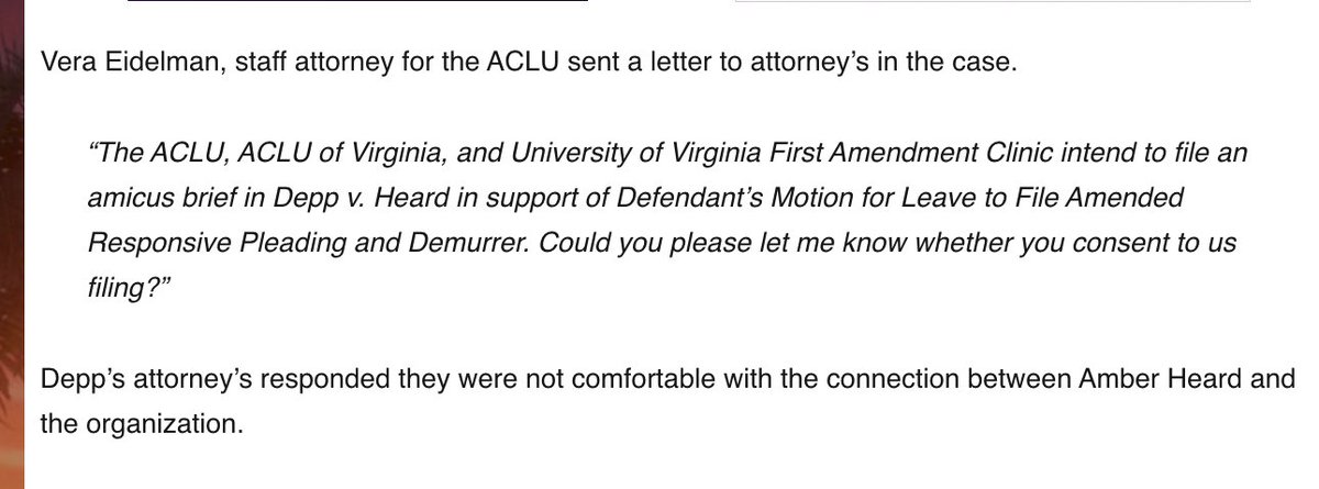 LauraBockov's tweet photo. We know ACLU wanted in as 
Now we have proof that ACLU was "coordinating and assisting" Amber Heard with her litigation.  Adam was spot on in his assessment it appears.

https://t.co/dlO6FzrzQQ https://t.co/sAQhYfzopM