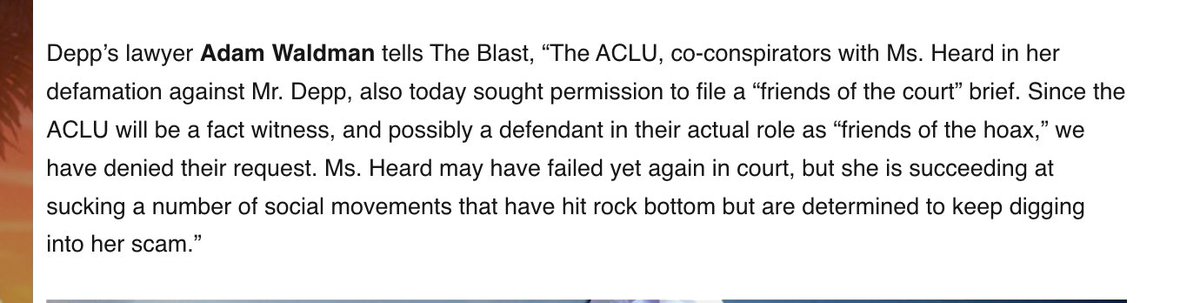 LauraBockov's tweet photo. We know ACLU wanted in as 
Now we have proof that ACLU was "coordinating and assisting" Amber Heard with her litigation.  Adam was spot on in his assessment it appears.

https://t.co/dlO6FzrzQQ https://t.co/sAQhYfzopM