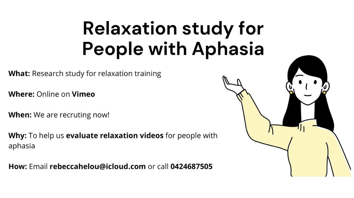 aphasiacre's tweet image. Research opportunity 🗣 

PhD Candidate @HelouRebecca is currently seeking participants to help evaluate relaxation videos for people with aphasia. Important research tackling #moodchanges after stroke. More details below ⬇️ 

#AphasiaResearch #AphasiaAwarenessMonth