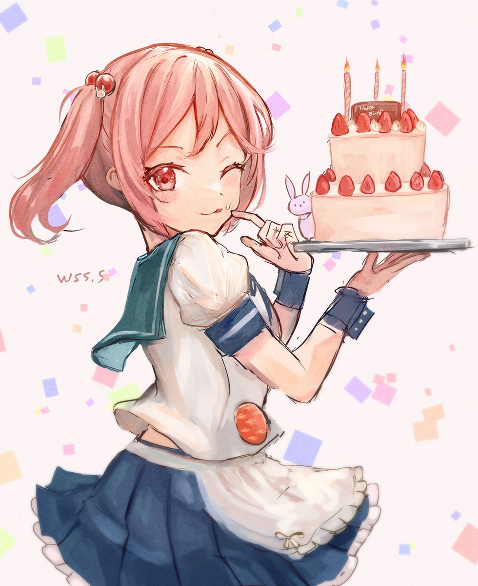 sazanami (kancolle) 1girl cake pink hair food skirt twintails school uniform  illustration images