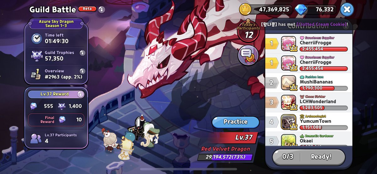 a_localcherri's tweet photo. anyone wanna join our guild? (hollyberry server)
MUST participate daily and do 3M+ on high lvl dragon; this guild is semi-competitive!
other rules: kicked if no participation during 2 seasons consecutively

#crkguild #cookierunkingdom #guildbattle kw: crk guild looking recruit https://t.co/q0ilXgjLMi