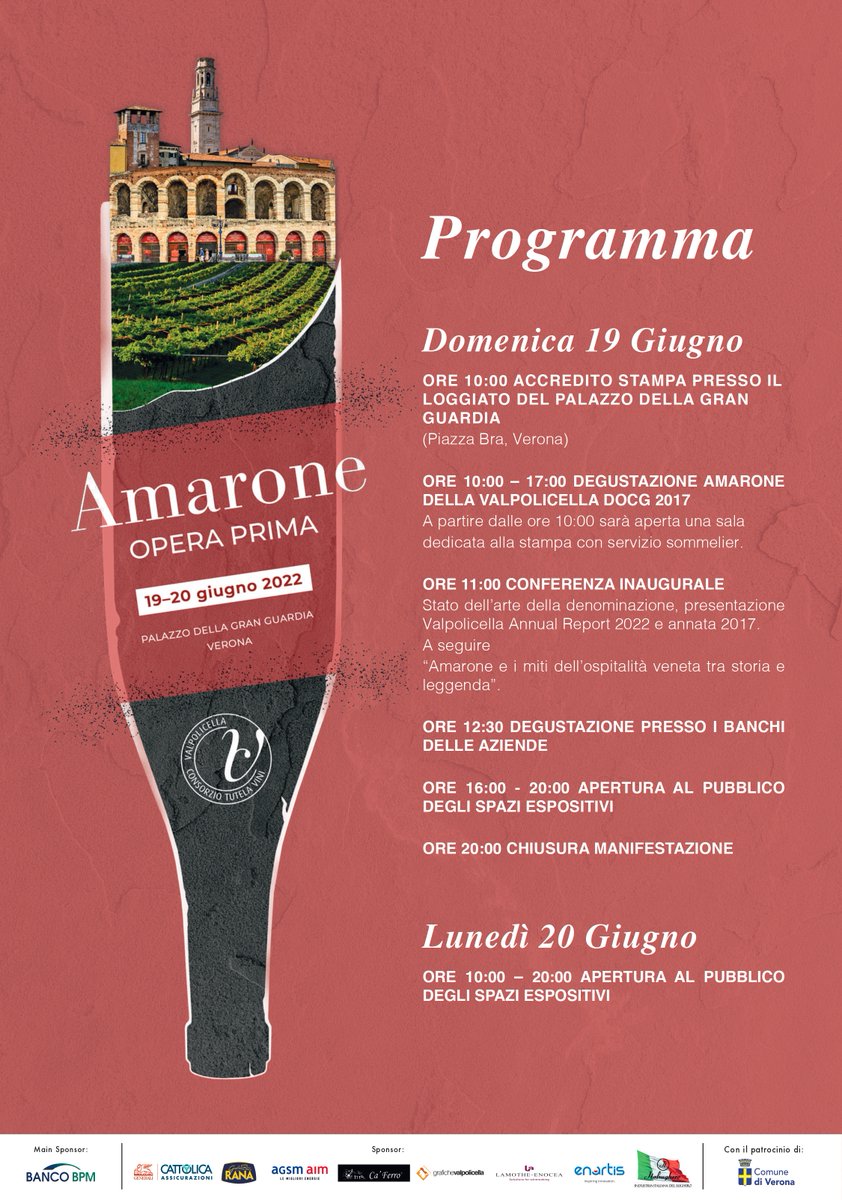Ormai ci siamo! L'appuntamento che celebra il Grande Rosso veneto inizia il suo conto alla rovescia. Vi aspettiamo il 19 e 20 giugno 2022 insieme a 40 realtà del territorio, presso il Palazzo della Gran Guardia, nel cuore di #Verona #AmaroneOperaPrima #Amarone #italianwine