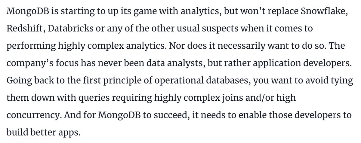 As #MDBW22 kicks off, a great post from <a href="/TonyBaer/">Tony Baer</a> about how <a href="/MongoDB/">MongoDB</a> delivers analytics. No, not *those* kinds of analytics. Analytics, in MDB's world, are all about enabling developers to build better apps, not about data analysts doing offline analysis venturebeat.com/2022/06/07/mon…