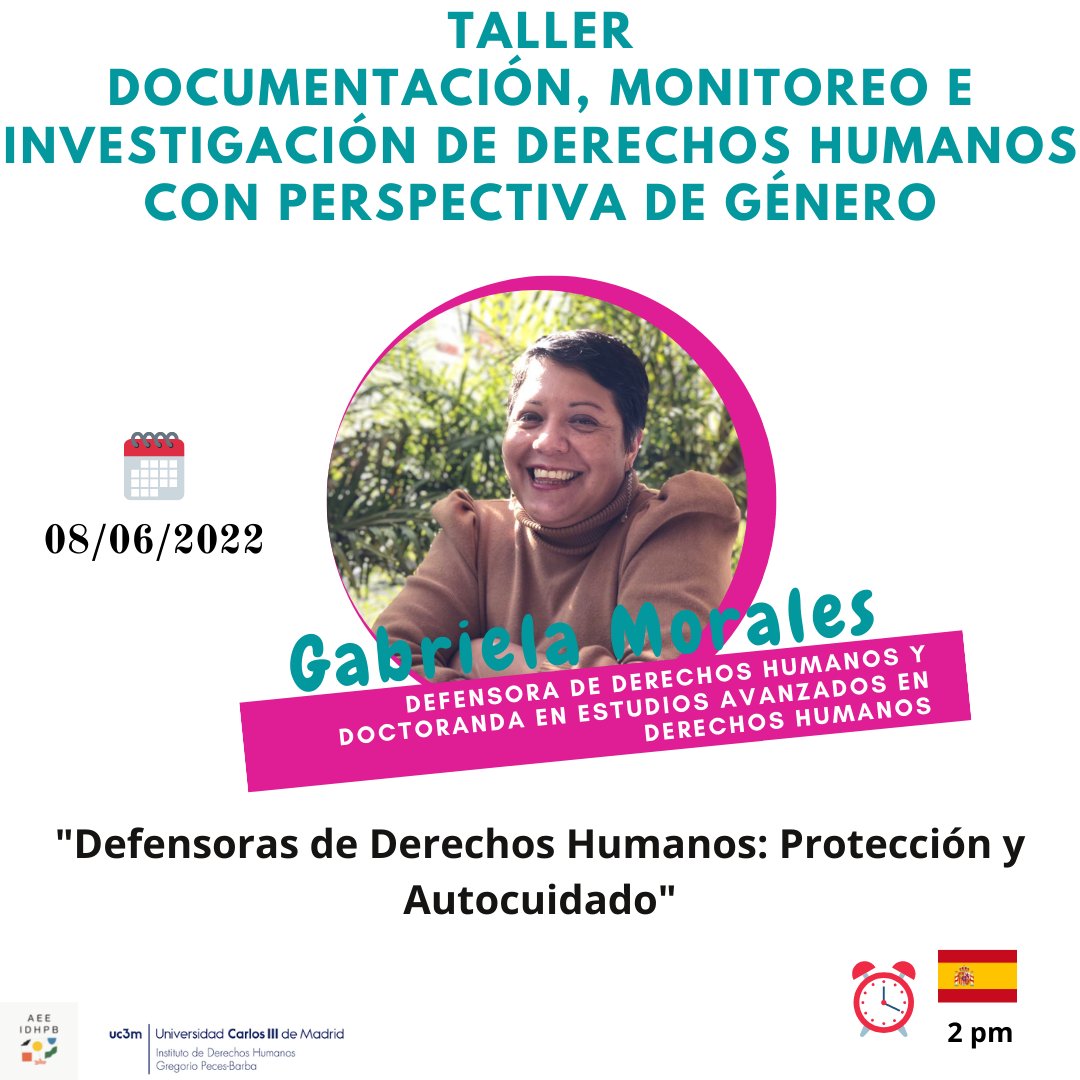 Tenemos el agrado de invitarles a la tercera y última sesión extraordinaria del Taller. Estará a cargo de Gabriela Morales, Defensora de Derechos Humanos y Doctoranda en Estudios Avanzados en DDHH.
Sesión será vía Zoom
ID de reunión: 825 9237 0737
Código de acceso: 720734