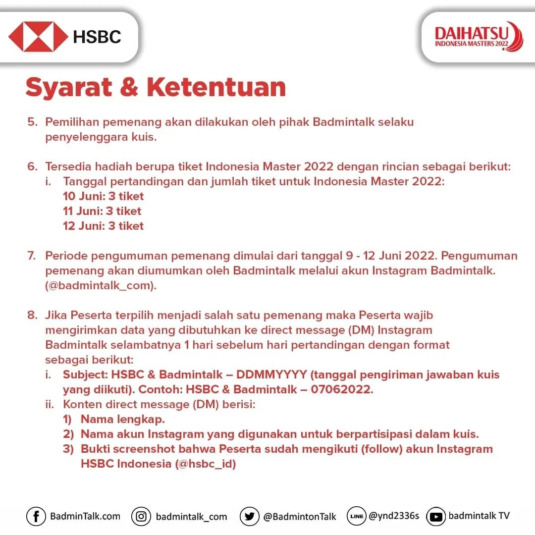BadmintonTalk's tweet photo. 9 tiket nonton #DIM2022 khusus untuk #HSBCSuperfans! @HSBC_ID
Langsung meluncur ke IG (at)HSBC_id yaa
Kalian bisa dapat
- 3 tiket perempat final kategori 1
- 3 tiket semifinal kategori 1
- 3 tiket final kategori 1
Ayo ikutan!
ISTORA sudah menantimu!
#HSBCBWFBadminton
#BWF https://t.co/2TW2gqHuwk