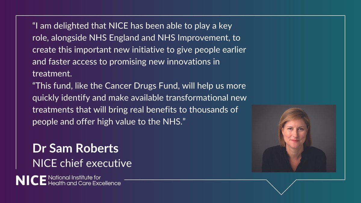 NICEComms's tweet photo. Today sees the launch of the Innovative Medicines Fund, developed by @NHSEngland in partnership with NICE, to support patients in England getting early access to more cutting-edge medicines and treatments. 

Find out more here: https://t.co/dDPJFLLe6I https://t.co/Zu69iFXUaP