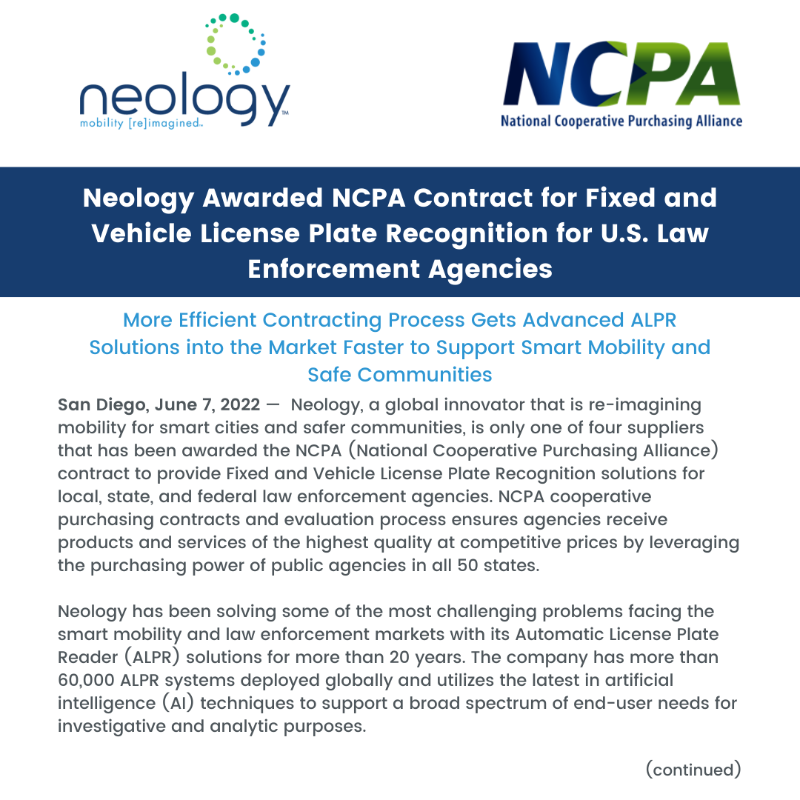 NeologyInc's tweet photo. We are excited to announce we have been awarded the @_NCPA (National Cooperative Purchasing Alliance) contract. This contract gives us the opportunity to supply local, state, and federal law enforcement agencies with Fixed and Vehicle License Plate Recognition solutions.

#ALPR