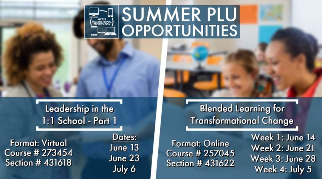 This is a reminder that the Instructional Technology department is kicking off our summer PD with PLUs. If you need a PLU, please register to join us. We are offering 1 virtual PLU and 1 asynchronous online PLU.  Hope you can join us!