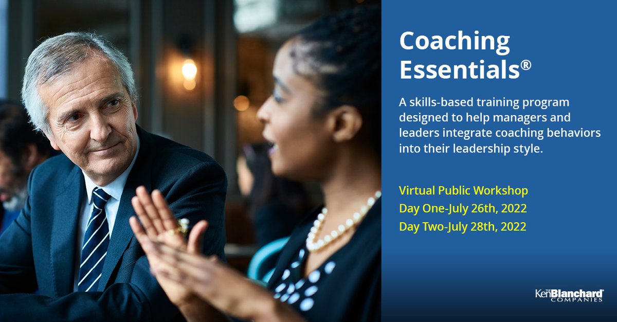 Leaders who use coaching skills have more effective teams, grow and retain their key people, and experience higher productivity. Register today for our upcoming Coaching Essentials Workshop on July 26 &amp; 28th: kenblanchard.com/Events-Worksho…
#coaching #onlinecourses #leadershipdevelopment