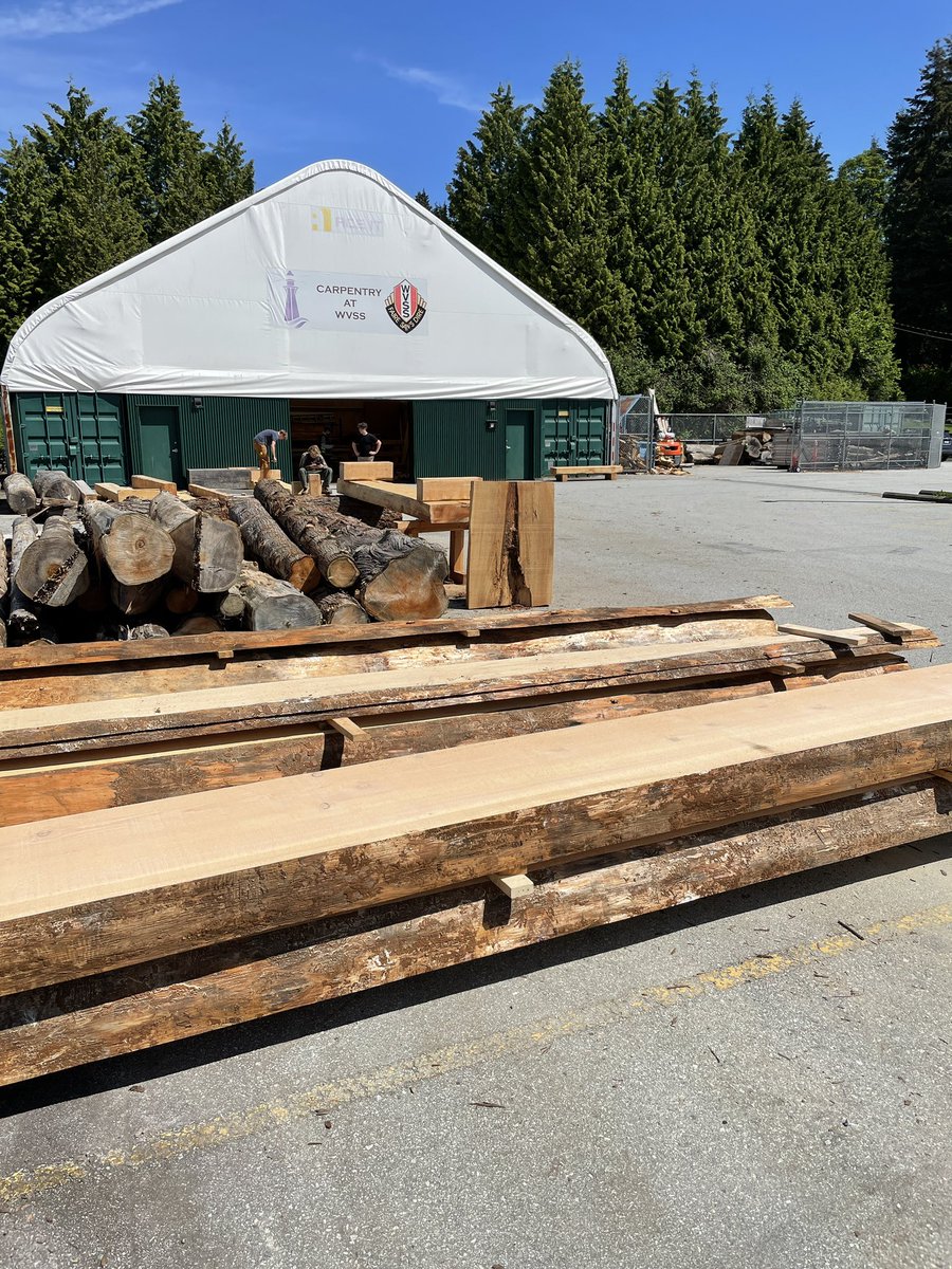 SteveRauh's tweet photo. When you have your own sawmill you can cut massive timbers and create amazing projects! Come join our Train in Trades Carpentry program at WVSS and join the fun! All our logs are donated from the local community and we recycle them back into community projects #westvaned https://t.co/poGI5OeOqG