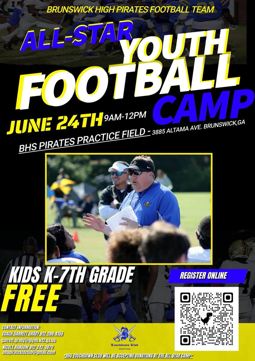 Brunswick High Football is putting on an ALL-STAR YOUTH FOOTBALL CAMP!
🏈-Youth Football Camp
📅-June 24, 2022
⏰-9:00AM-12:00PM
📍-Brunswick High Practice Fields

FREE FOOTBALL CAMP!
Donations are appreciated!
🟦🟨☠️🏴‍☠️⚓️ #AllAboutTheFamily #PiratePride #YouthFootballCamp