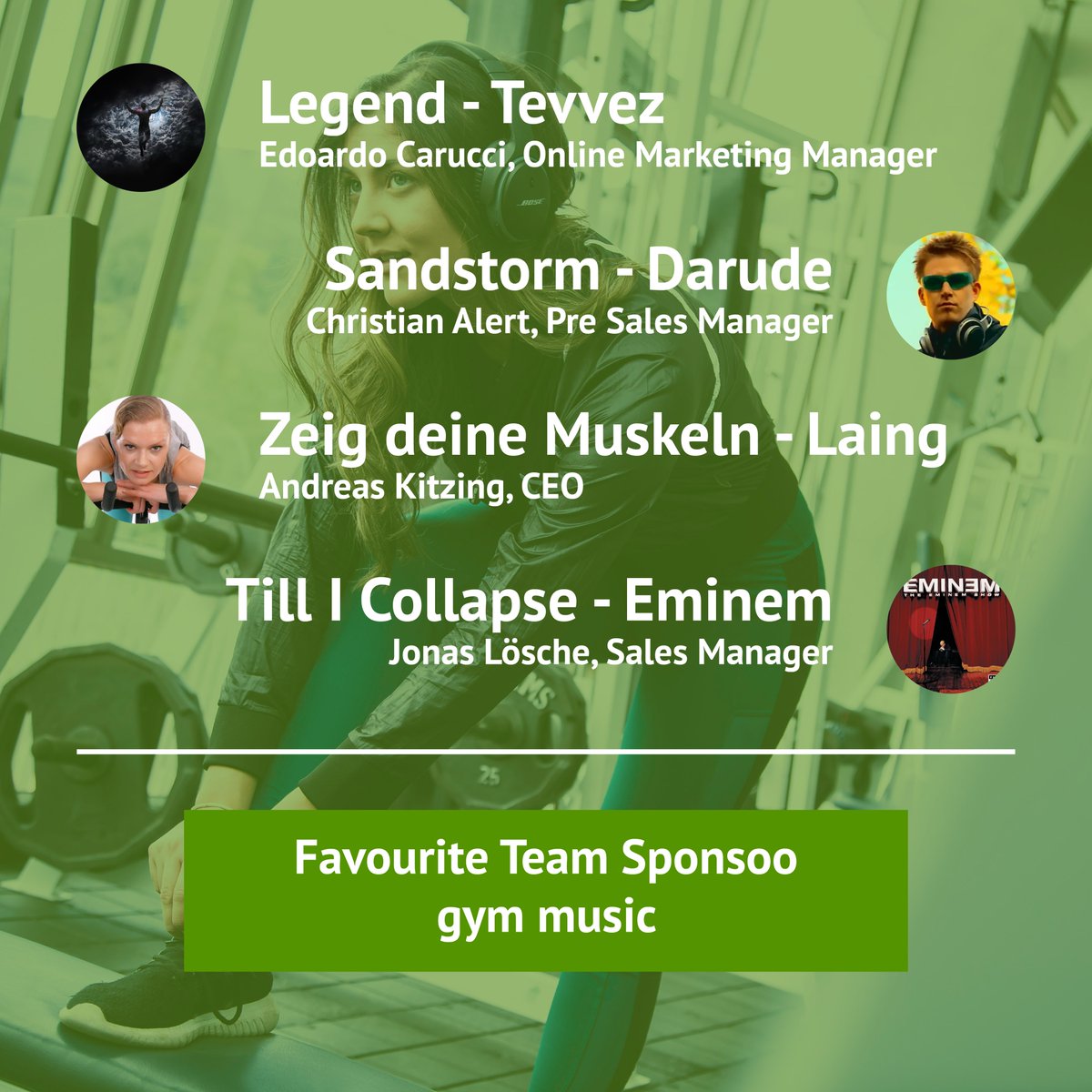 We asked #teamsponsoo what their favorite gym music is. 🎧

What is your tune to pump those muscles? Tell us in the comments below. 💪

#sponsoo #sponsorship #sponsoring #sponsor #sportsmarketing #sports #music #gym #training