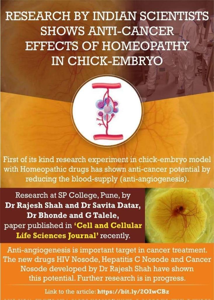 Research by Indian Scientists Shows Anti-Cancer Effects of Homeopathy in Chick-Embryo.
#antiangiogenesis
#chickembryo
#researchpaper    
#homeopathy
#HIVnosode
#HepatitisCnosode
#CancerNosode