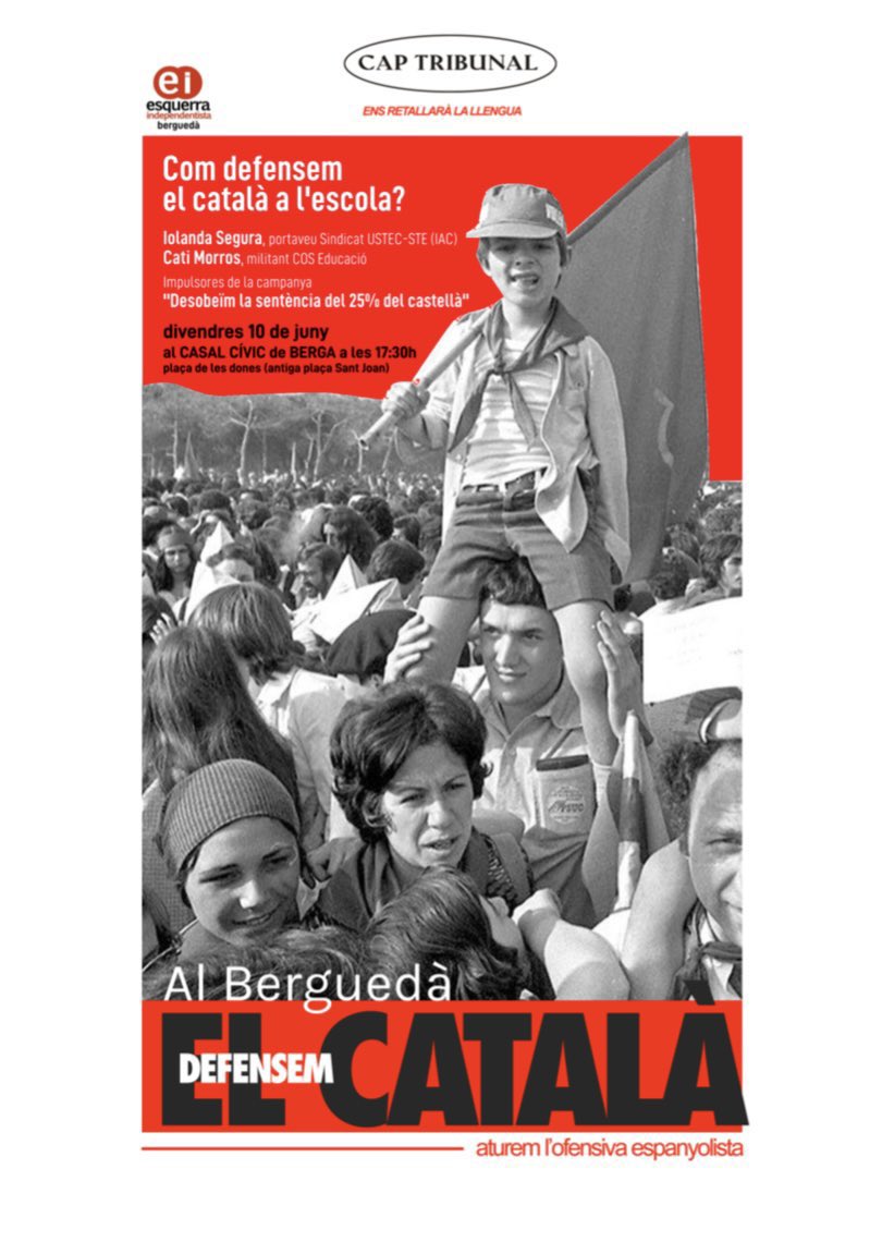 👅 Divendres comptem amb aquest cartell de luxe per abordar la defensa del català a l’escola.

Intervindran la portaveu del sindicat USTEC <a href="/IolandaSegura/">Iolanda Segura Corrales</a> i la militant de la COS Educació <a href="/katimorros/">Cati Morros Santalla</a>. 

Cap tribunal ens retallarà la llengua! Fem front a l’ofensiva espanyolista! 🔥