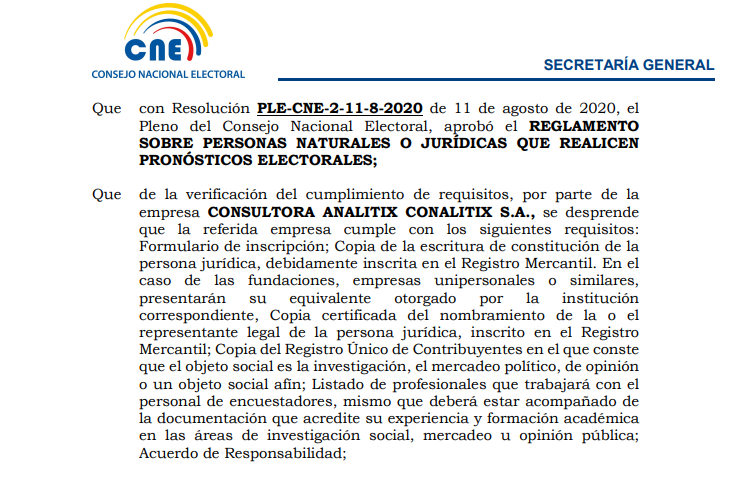 analitixec's tweet photo. Estamos autorizados a realizar Pronósticos Electorales en las #Elecciones2023Ec 🇪🇨, según Res. PLE-CNE-1-27-5-2022 del @cnegobec del 27-05-2022. 

Gracias @DianaAtamaint y al personal del @cnegobec por la diligencia, profesionalismo y excelente atención a nuestra solicitud 💪👏 https://t.co/11DColKpjj
