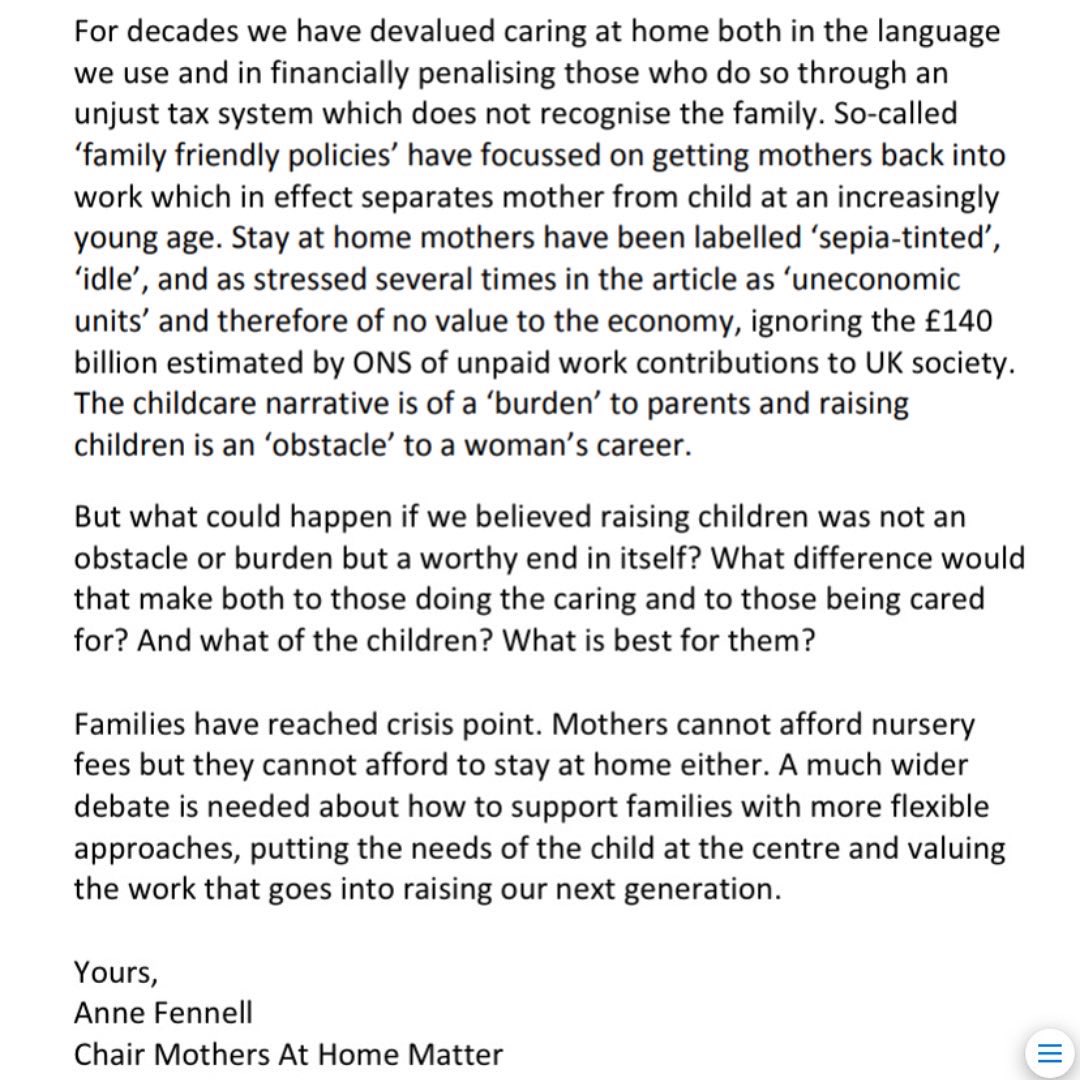 mumsdadsmatter's tweet photo. @thesundaytimes printed an article on 5/6/22 stating that some women were struggling to afford to go back to work after having kids. It used the term “economically inactive”. 

Here’s the response from our chair, Anne Fennell, on behalf of @mumsdadsmatter

https://t.co/wuelE3eJKo https://t.co/d3iMQjW8gg