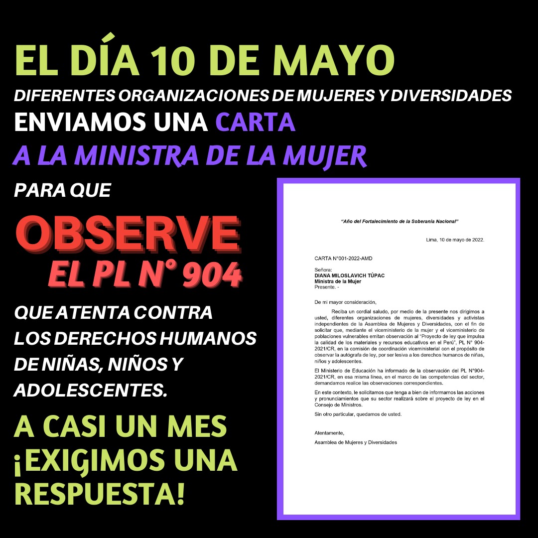 AwqaFeminista's tweet photo. Diversas colectivas y activistas independientes organizadas en la Asamblea de Mujeres y Diversidades, solicitamos a la Ministra @DianaMiloslavic se pronuncie como ente rector, observando el PL 904, nocivo para nuestras infancias.
#NOalPL904 #ConLaESINoTeMetas https://t.co/TZr6LYTJL4