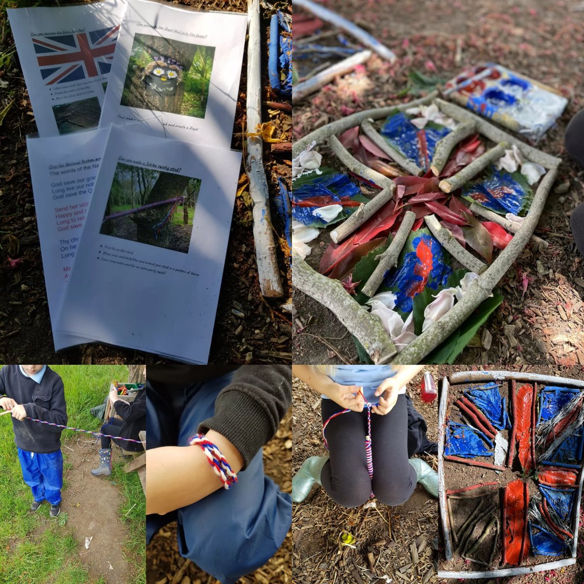 Today we celebrated the Queens Jubilee by making Union Jack bracelets, crowns and nature flags.  Queen Raven also enjoyed some delicious mud soup, cream tea with slugs and a mud cake 😋 @CastleHill_Ips #PlatinumJubilee #QueensJubilee #forestschool #nature #creativity #inspire