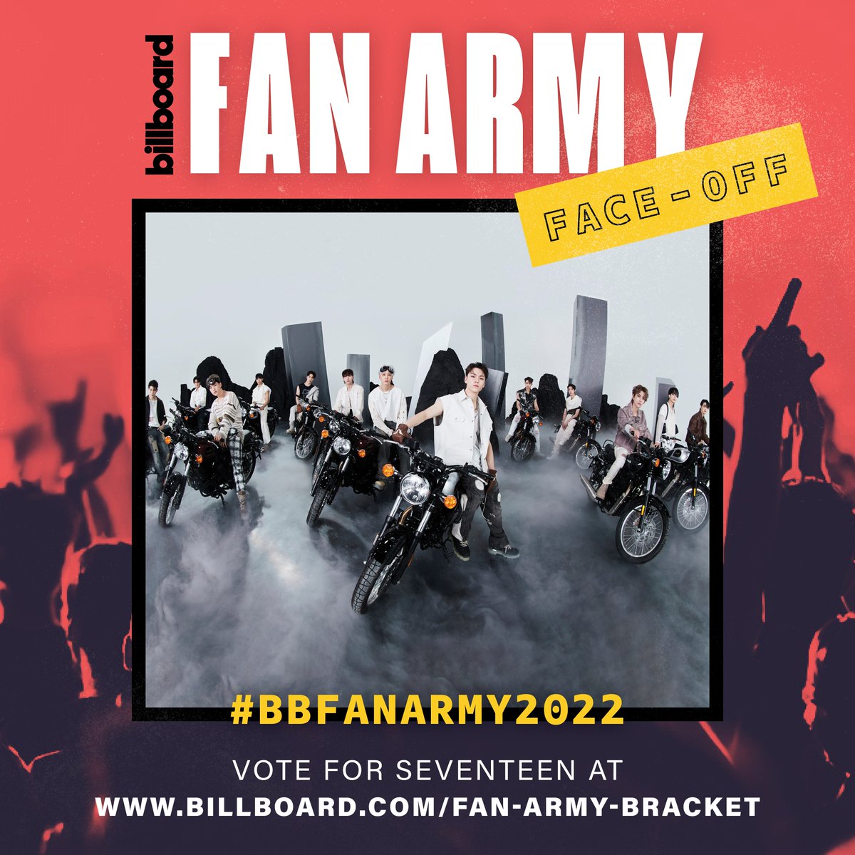 billboard's tweet image. Hey #CARATS! 👋 Don’t forget to vote for @pledis_17 in Round 1 of #BBFanArmy2022! blbrd.cm/bW5biBf