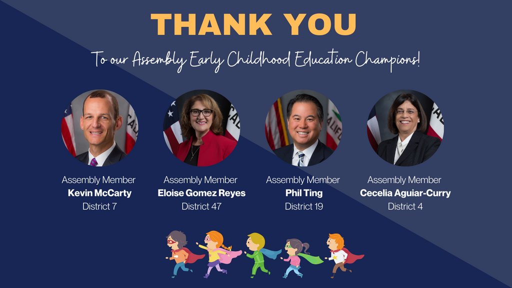 Thank you to our Assembly champions @AsmKevinMcCarty @AsmReyes47 @AsmPhilTing & @AsmAguiarCurry! You are truly heroes for children and families across this state. We appreciate your hard work in advancement of #childcare workers' rights and #ECE. #RaisetheRates4Childcare