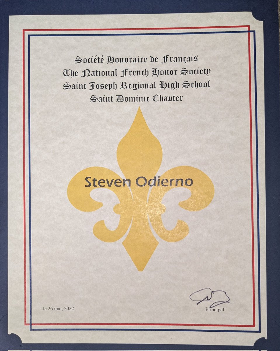 OdiernoSteven's tweet photo. Proud to be named a member of the French National Honor Society. A very special thanks to my teacher the past 3 years, Ms. Tsironis. Get well soon, Madame! https://t.co/YDWaJe1cjp