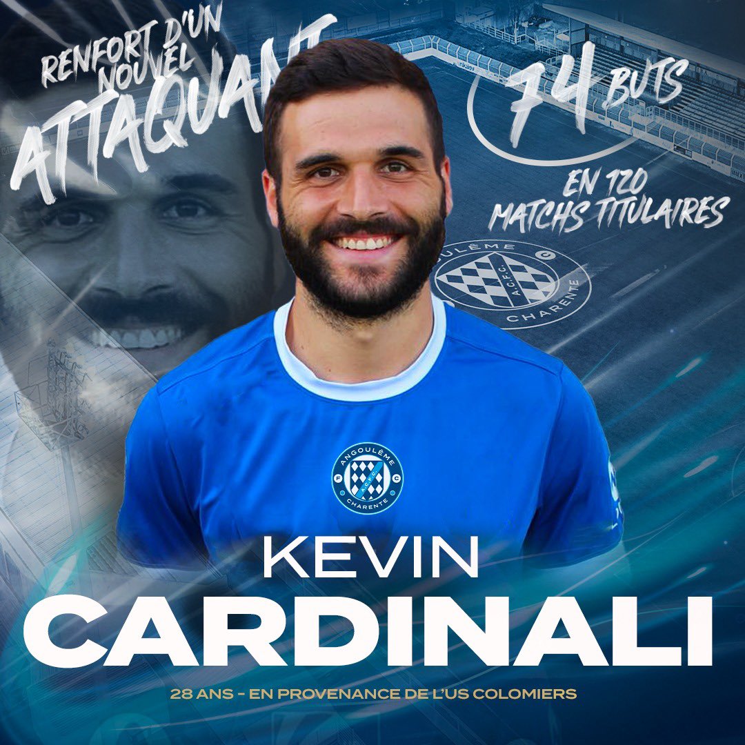 ACFC_16's tweet photo. 🤩 Notre nouvel attaquant #KevinCardinali ! 
5 saison pleines de N2 dans notre poule, 74 buts en  120 matchs, on espère voir #Cardi faire autant trembler les filets de #Lebon ! 
🤝 #BienvenueCardi 
#MercatoACFC #N2 #National2 #ACFC @Actufoot_com @footnational 🔵⚪️ https://t.co/F8oqRabMke