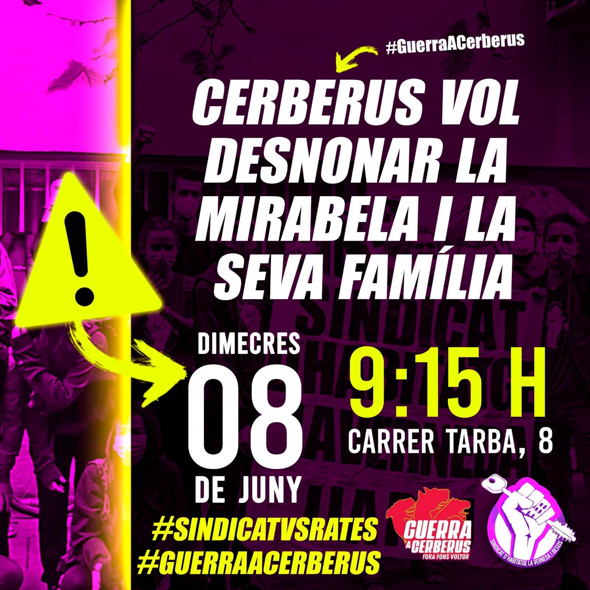⚠️ ALERTA DESNONAMENT ⚠️

CERBERUS vol desnonar la nostra companya Mirabela i la seva família demà. No ho permetrem!

📍 Carrer Tarba, 8
🕒 9:15
📆 Dimecres 8 de juny
<M> Besòs/Besòs Mar (L4)

#GuerraACerberus #ForçaSindicat